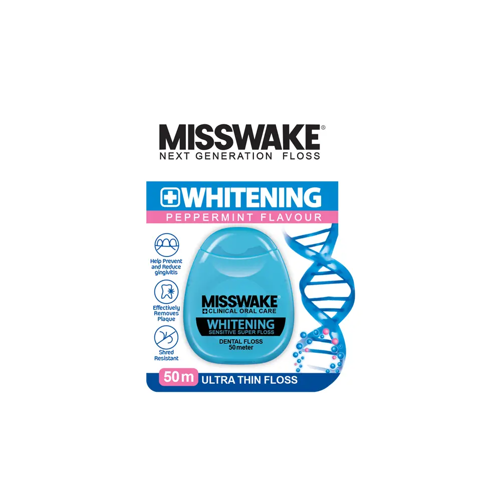 floss-whitening پاکسازی بهینه فضای بین دندانی حاوی موم عسل طول 50 متر دارای خواص آنتی باکتریال از بین بردن باقی مانده غذا و پلاک های بین دندانی کمک به رفع بوی بد دهان با طعم نعناع