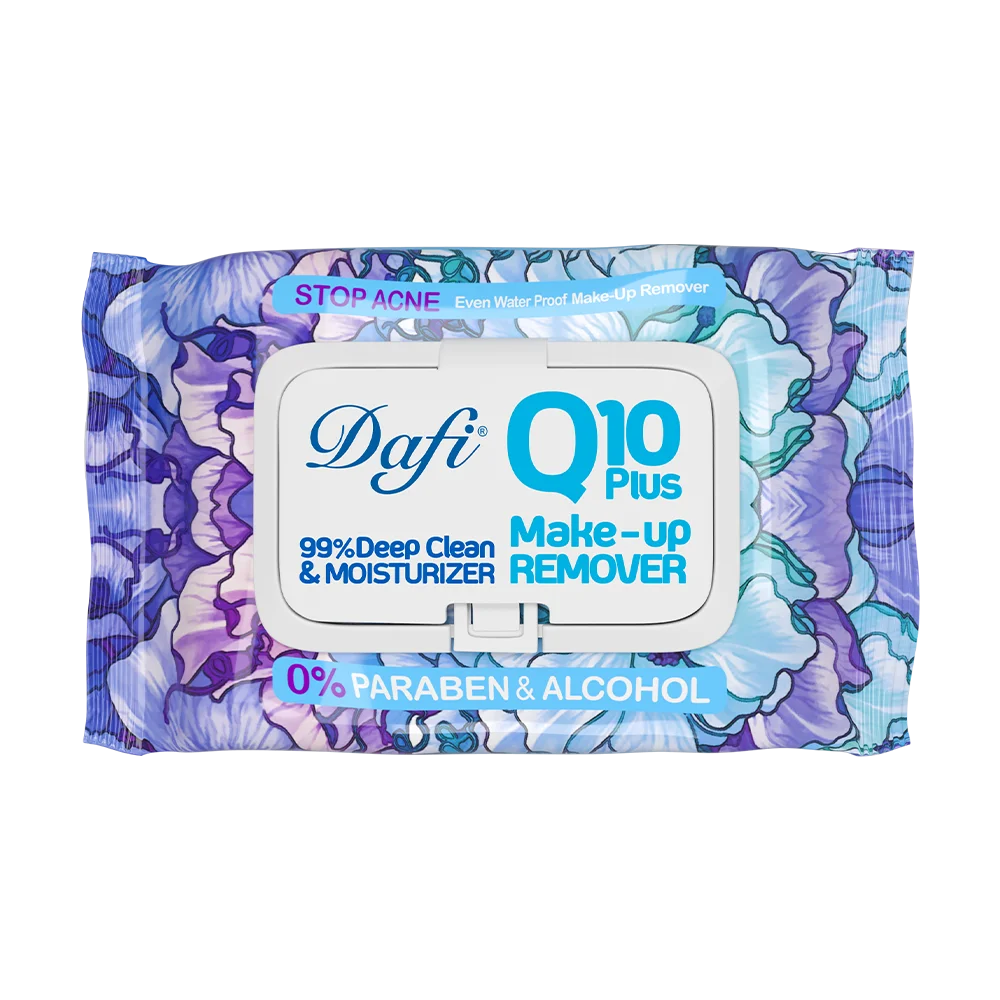 کیوتن-گلی-2 دستمال مرطوب پاک کننده آرایش دافی مدل Q10 طرح گل 1 50 عددی